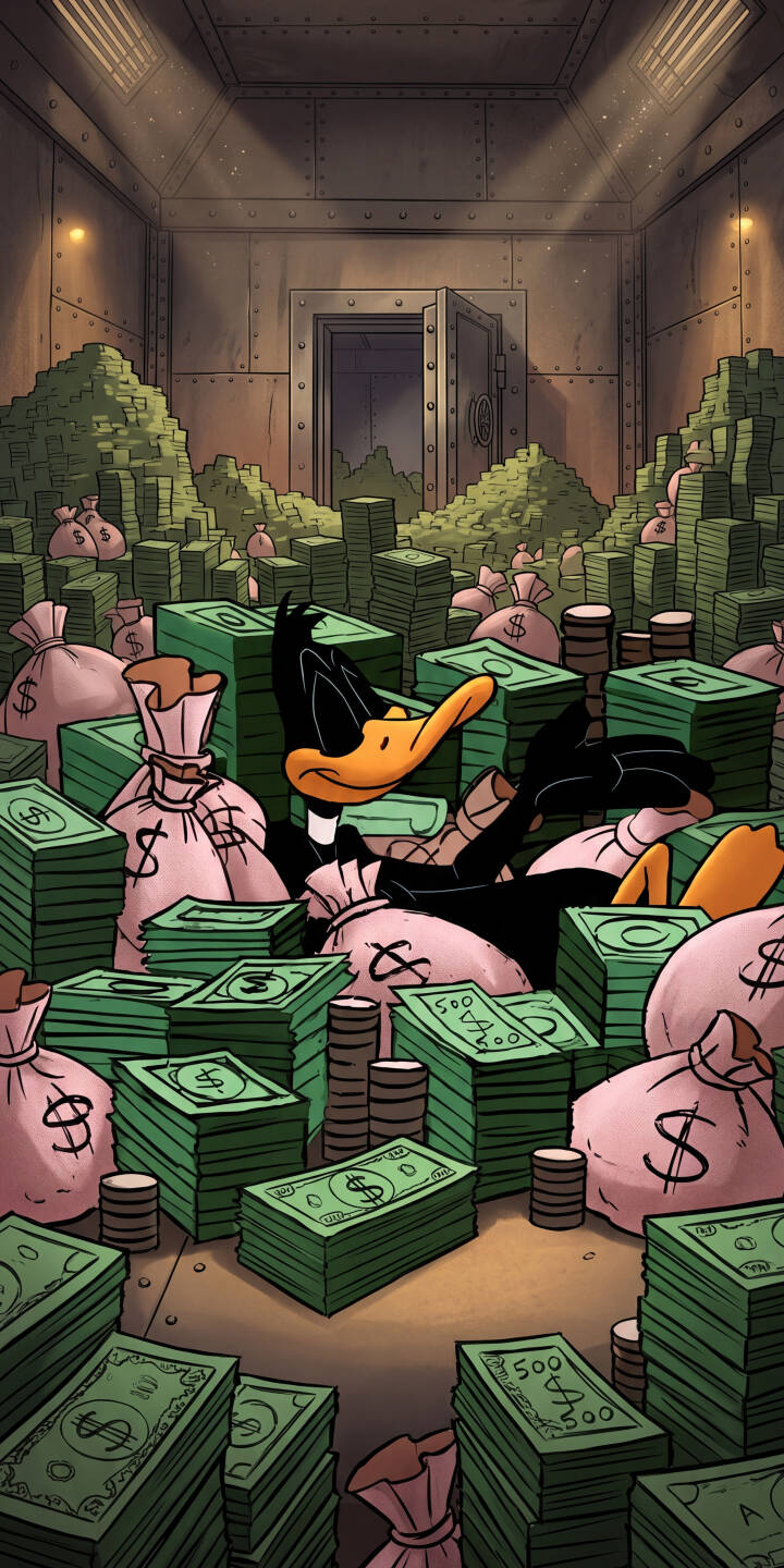 Daffy Duck, submerged waist-deep and grinning amidst a towering fortune of green cash stacks and pink dollar bags, is truly in his element in this vibrant 4K wallpaper. This opulent scene inside a secure vault makes for a delightfully greedy wallpaper, perfect for your iPhone screen. | cartoon funny cash money iphone wallpaper mobile 4k wallpaper hd wallpaper looney tunes daffy duck greedy Daffy Duck, submerged waist-deep and grinning amidst a towering fortune of green cash stacks and pink dollar bags, is truly in his element in this vibrant 4K wallpaper. This opulent scene inside a secure vault makes for a delightfully greedy wallpaper, perfect for your iPhone screen.