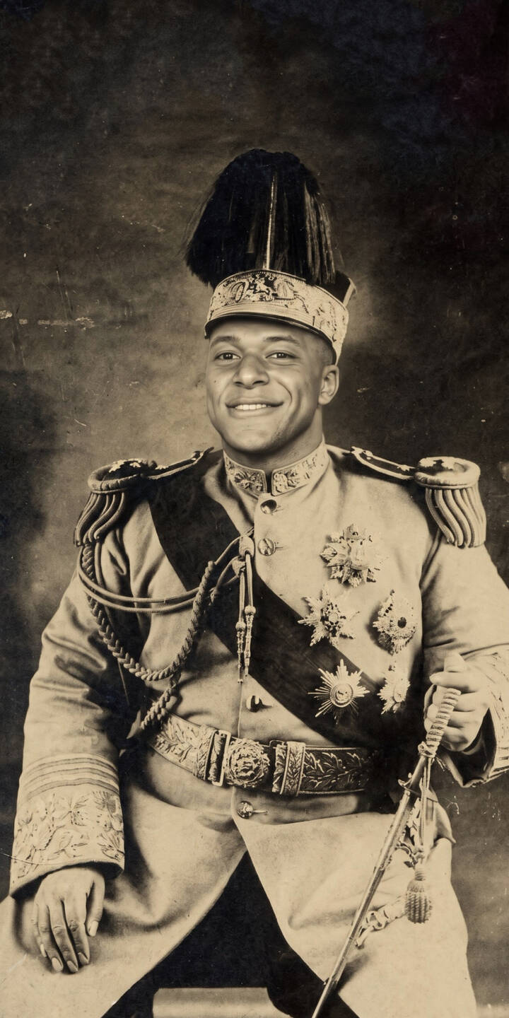 Kylian Mbappé's cheerful smile brightens a grand, sepia-toned military uniform, adorned with intricate medals and a dramatic feathered hat, making for a uniquely striking 4K wallpaper. This engaging wallpaper for iPhone masterfully blends modern charisma with historical grandeur. | portrait iphone mbappe wallpaper mobile footballer military uniform 4k wallpaper hd wallpaper humor sepia kylian mbappe Kylian Mbappé's cheerful smile brightens a grand, sepia-toned military uniform, adorned with intricate medals and a dramatic feathered hat, making for a uniquely striking 4K wallpaper. This engaging wallpaper for iPhone masterfully blends modern charisma with historical grandeur.