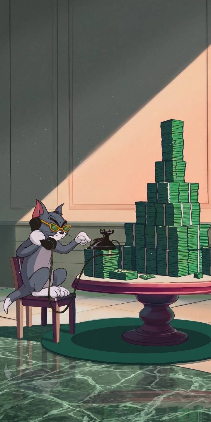 Wearing cool yellow sunglasses, Tom sits at a luxurious table making a call next to an enormous stack of cash in this vibrant 4K wallpaper — a must-have wallpaper for iPhone users who appreciate classic cartoons. | cartoon cash money iphone rich tom tom and jerry wallpaper animation mobile 4k wallpaper hd wallpaper Wearing cool yellow sunglasses, Tom sits at a luxurious table making a call next to an enormous stack of cash in this vibrant 4K wallpaper — a must-have wallpaper for iPhone users who appreciate classic cartoons.