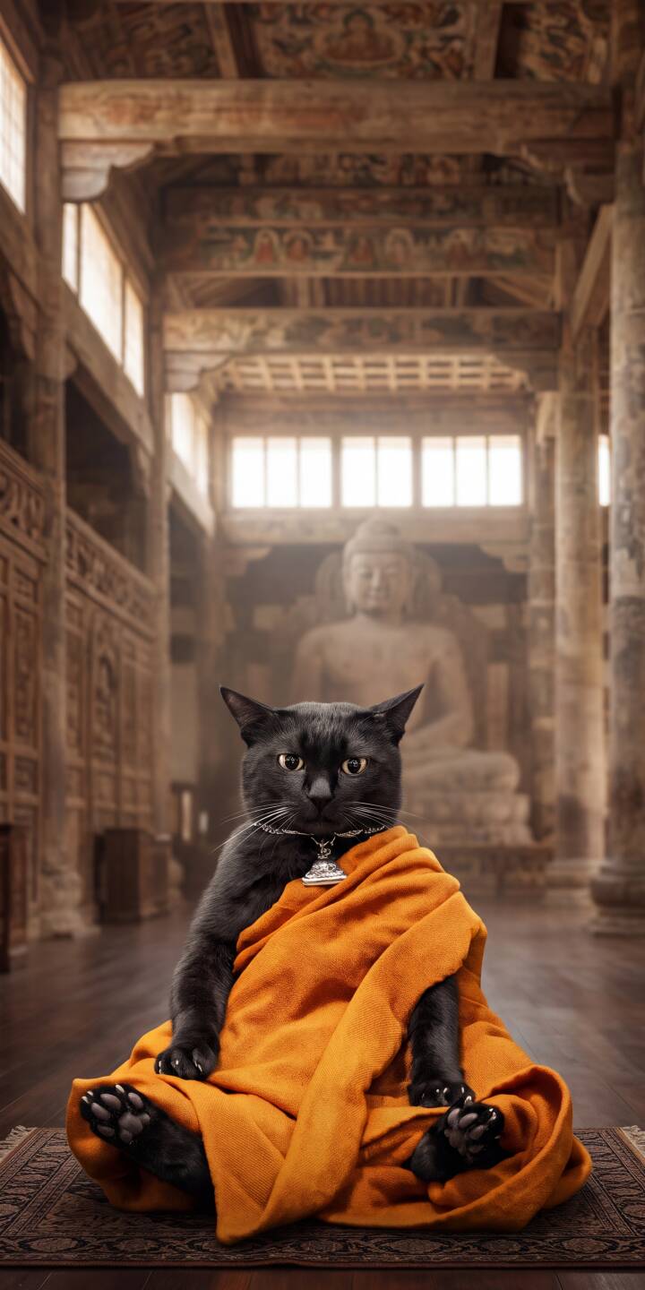 The black cat's serene expression, adorned in a vibrant orange monastic robe and silver bell collar, anchors this captivating 4K wallpaper. Set against a backdrop of an ancient temple with a peaceful Buddha statue, this unique meditation-themed wallpaper is a purr-fect choice for your iPhone. | cat temple iphone wallpaper buddha meditation black cat mobile 4k wallpaper hd wallpaper zen monk cat The black cat's serene expression, adorned in a vibrant orange monastic robe and silver bell collar, anchors this captivating 4K wallpaper. Set against a backdrop of an ancient temple with a peaceful Buddha statue, this unique meditation-themed wallpaper is a purr-fect choice for your iPhone.
