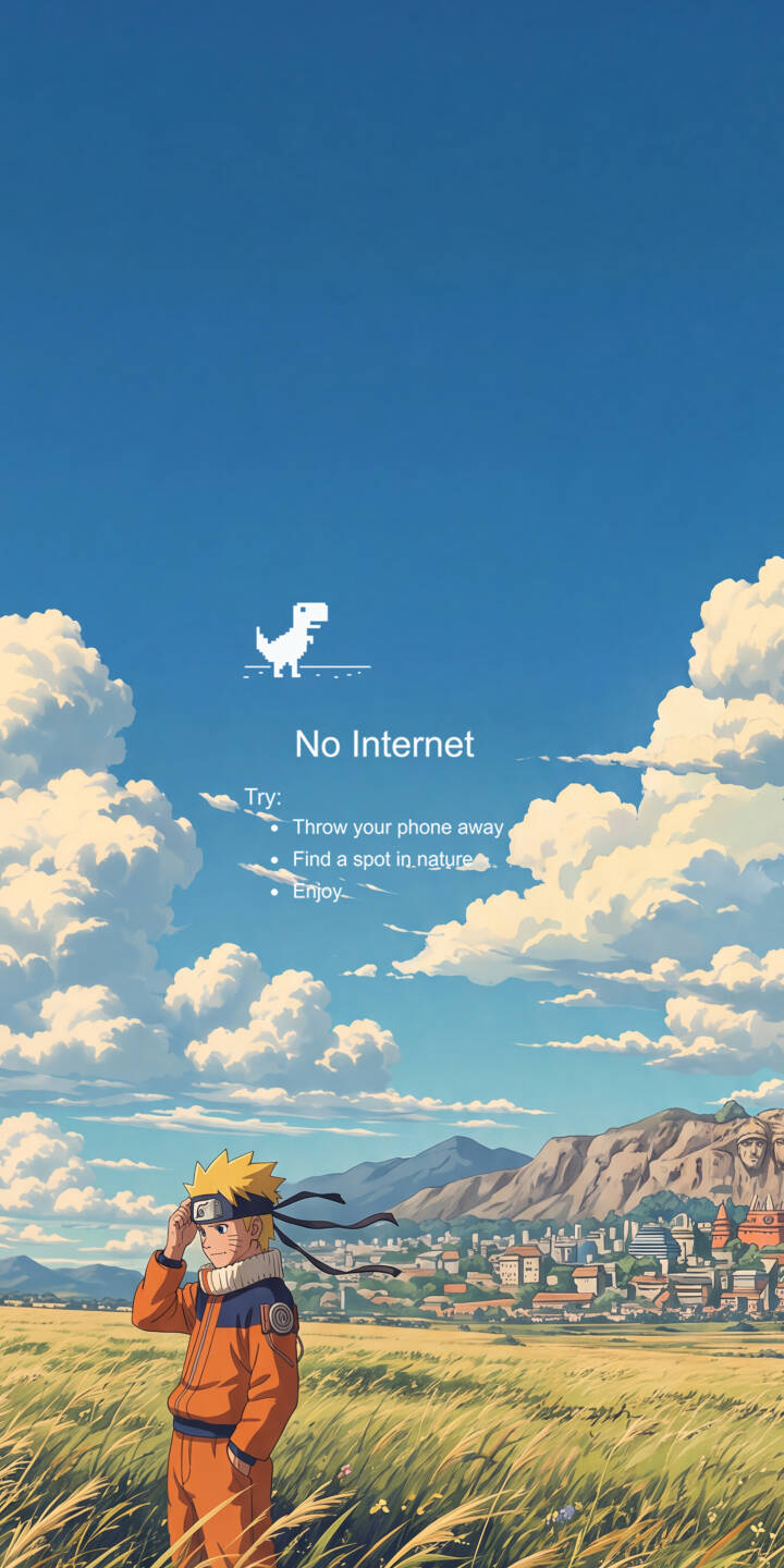 The iconic "No Internet" screen with its playful Chrome dinosaur overlays a tranquil 4K landscape featuring Naruto Uzumaki standing in a vibrant golden field, making this a unique and thoughtful wallpaper for iPhone users. | landscape anime naruto iphone wallpaper mobile naruto uzumaki konoha no internet 4k wallpaper hd wallpaper chrome dino The iconic "No Internet" screen with its playful Chrome dinosaur overlays a tranquil 4K landscape featuring Naruto Uzumaki standing in a vibrant golden field, making this a unique and thoughtful wallpaper for iPhone users.