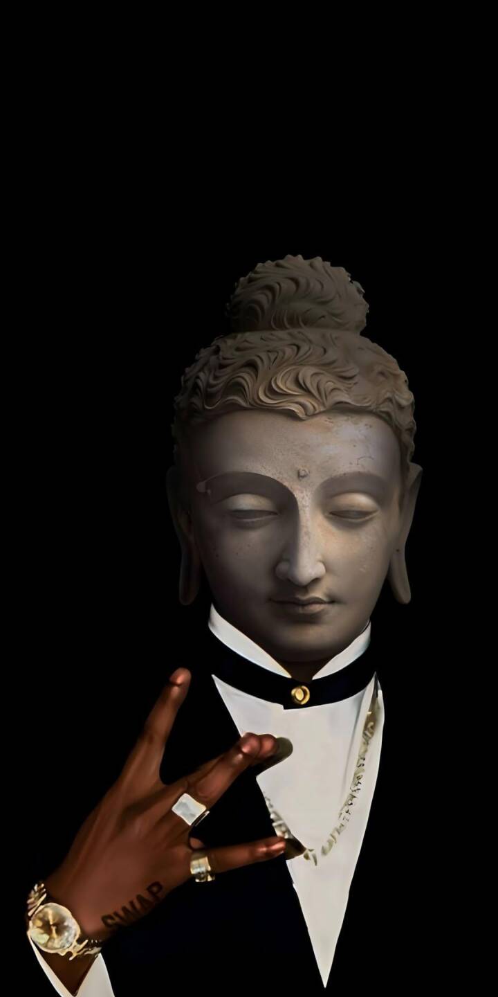 A serene Buddha statue head is strikingly juxtaposed with a formal tuxedo, a shimmering gold chain, and a hand sporting a gold watch while making a distinctive gesture in this unique 4K wallpaper. This captivating wallpaper is perfect for personalizing your iPhone with an edgy, contemplative blend of ancient wisdom and modern street culture. | art A serene Buddha statue head is strikingly juxtaposed with a formal tuxedo, a shimmering gold chain, and a hand sporting a gold watch while making a distinctive gesture in this unique 4K wallpaper. This captivating wallpaper is perfect for personalizing your iPhone with an edgy, contemplative blend of ancient wisdom and modern street culture.