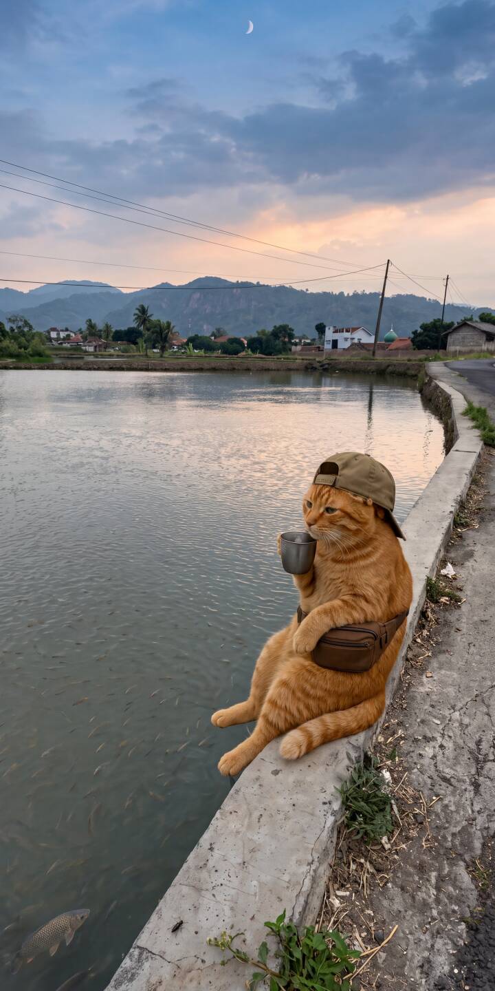 Sporting a backward baseball cap and a fanny pack, this cool ginger cat sips from a metal cup while sitting by a serene pond under a beautiful crescent moonlit sunset sky, captured in stunning 4K resolution. This charming cat wallpaper makes an adorable background wallpaper for your iPhone. | aesthetic sunset cat iphone wallpaper chill mobile pond 4k wallpaper hd wallpaper ginger cat funny cat Sporting a backward baseball cap and a fanny pack, this cool ginger cat sips from a metal cup while sitting by a serene pond under a beautiful crescent moonlit sunset sky, captured in stunning 4K resolution. This charming cat wallpaper makes an adorable background wallpaper for your iPhone.