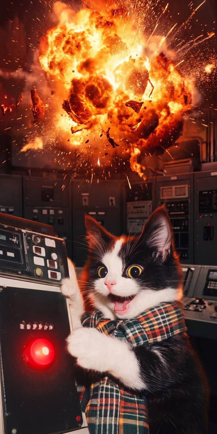 A mischievous tuxedo cat, grinning wildly, gleefully pushes a glowing red button while a massive explosion erupts behind it in this captivating 4K wallpaper. This hilarious wallpaper is perfect for personalizing your iPhone. | funny cat explosion iphone wallpaper kitten mobile 4k wallpaper hd wallpaper mischievous tuxedo cat red button A mischievous tuxedo cat, grinning wildly, gleefully pushes a glowing red button while a massive explosion erupts behind it in this captivating 4K wallpaper. This hilarious wallpaper is perfect for personalizing your iPhone.