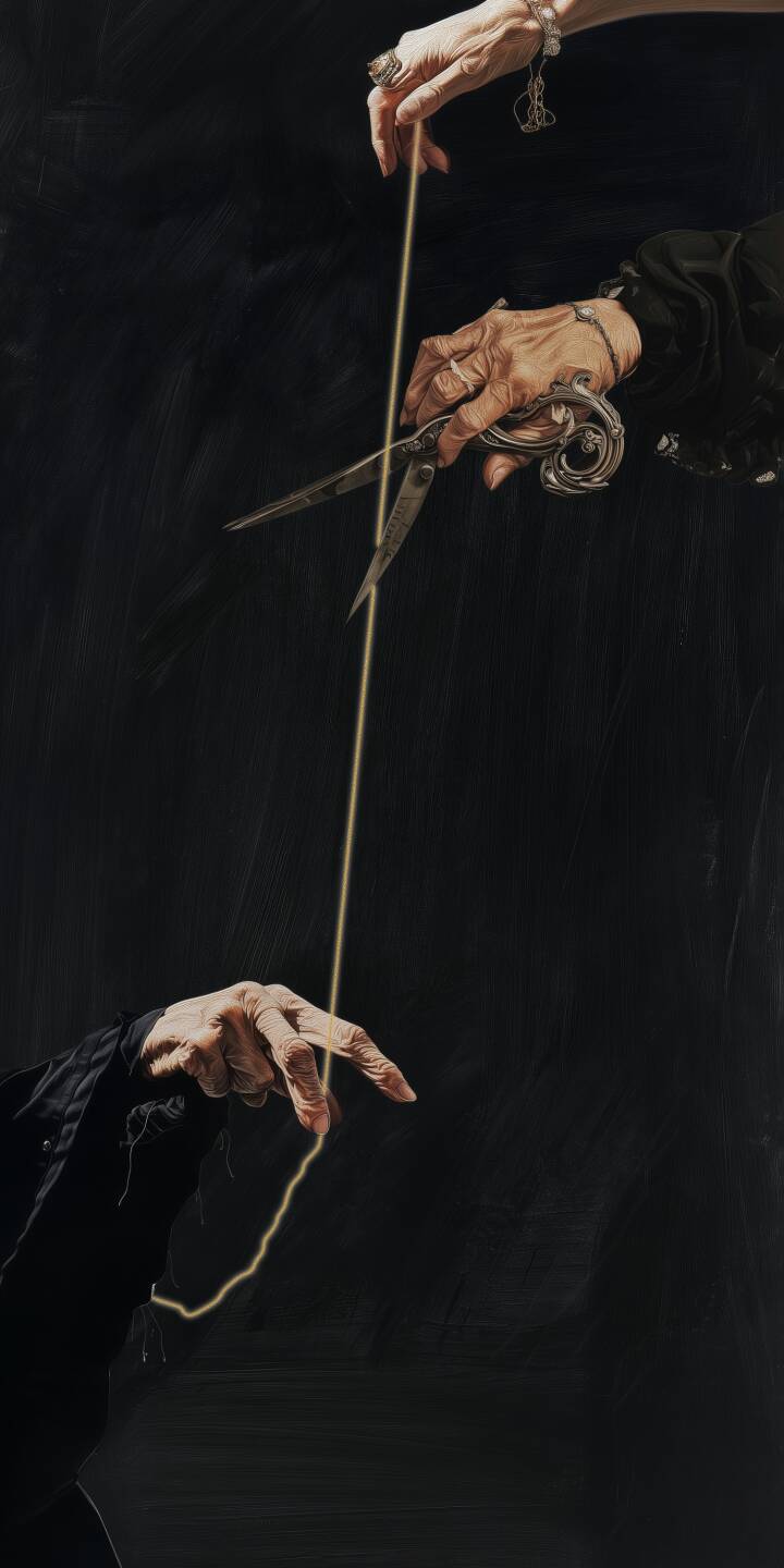 A luminous golden thread, delicately held by aged hands adorned with rings, is poised to be cut by an ornate pair of vintage scissors in this dramatic 4K wallpaper. This allegorical scene creates a stunning wallpaper for your iPhone, hinting at themes of destiny and choice. | dark iphone hands wallpaper mobile 4k wallpaper hd wallpaper scissors symbolic fate destiny thread A luminous golden thread, delicately held by aged hands adorned with rings, is poised to be cut by an ornate pair of vintage scissors in this dramatic 4K wallpaper. This allegorical scene creates a stunning wallpaper for your iPhone, hinting at themes of destiny and choice.