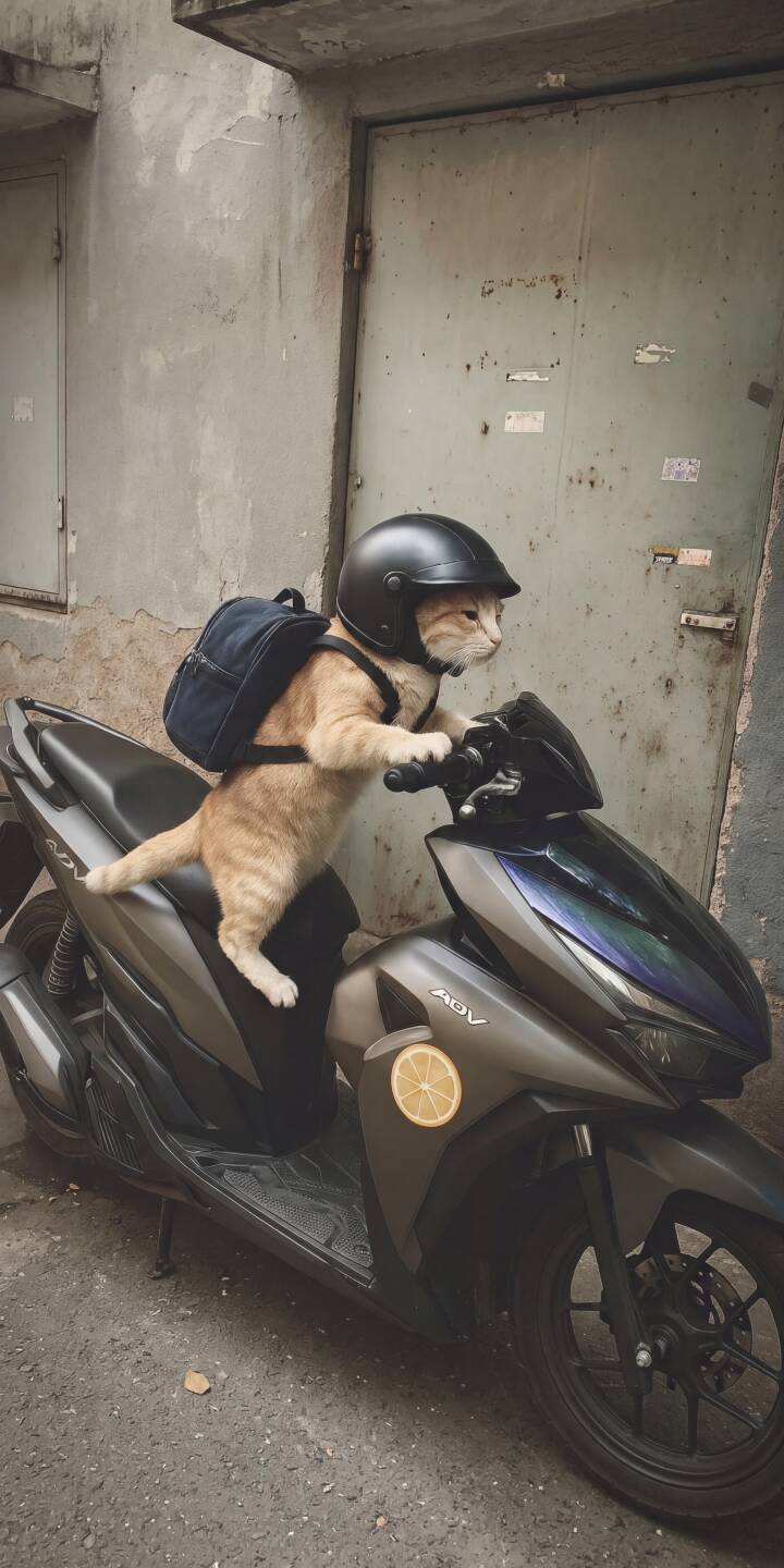 An adventurous orange tabby cat, sporting a tiny black helmet and a blue backpack, confidently grips the handlebars of a dark scooter in this hilarious 4K wallpaper. This charming scene makes an ideal wallpaper for iPhone users looking for a unique touch. | funny animal cat helmet cute iphone wallpaper mobile 4k wallpaper hd wallpaper scooter cat An adventurous orange tabby cat, sporting a tiny black helmet and a blue backpack, confidently grips the handlebars of a dark scooter in this hilarious 4K wallpaper. This charming scene makes an ideal wallpaper for iPhone users looking for a unique touch.