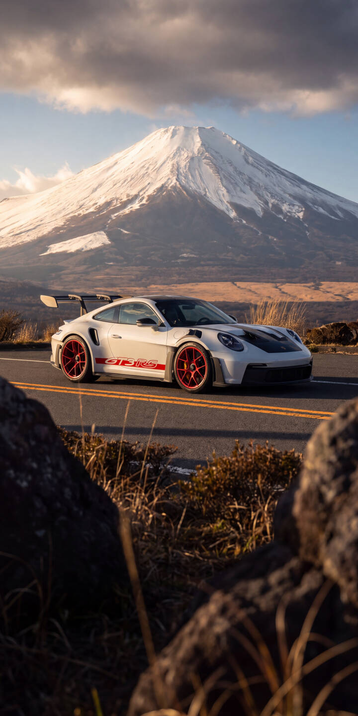 The pristine white Porsche 911 GT3 RS, adorned with striking red rims, elegantly sits on a mountain road with the iconic snow-capped Mount Fuji in the background in this stunning 4K wallpaper. This dynamic automotive wallpaper is a must-have for any iPhone user and car enthusiast. | sports car iphone porsche japan luxury wallpaper mobile gt3 rs 4k wallpaper hd wallpaper automotive mount fuji The pristine white Porsche 911 GT3 RS, adorned with striking red rims, elegantly sits on a mountain road with the iconic snow-capped Mount Fuji in the background in this stunning 4K wallpaper. This dynamic automotive wallpaper is a must-have for any iPhone user and car enthusiast.