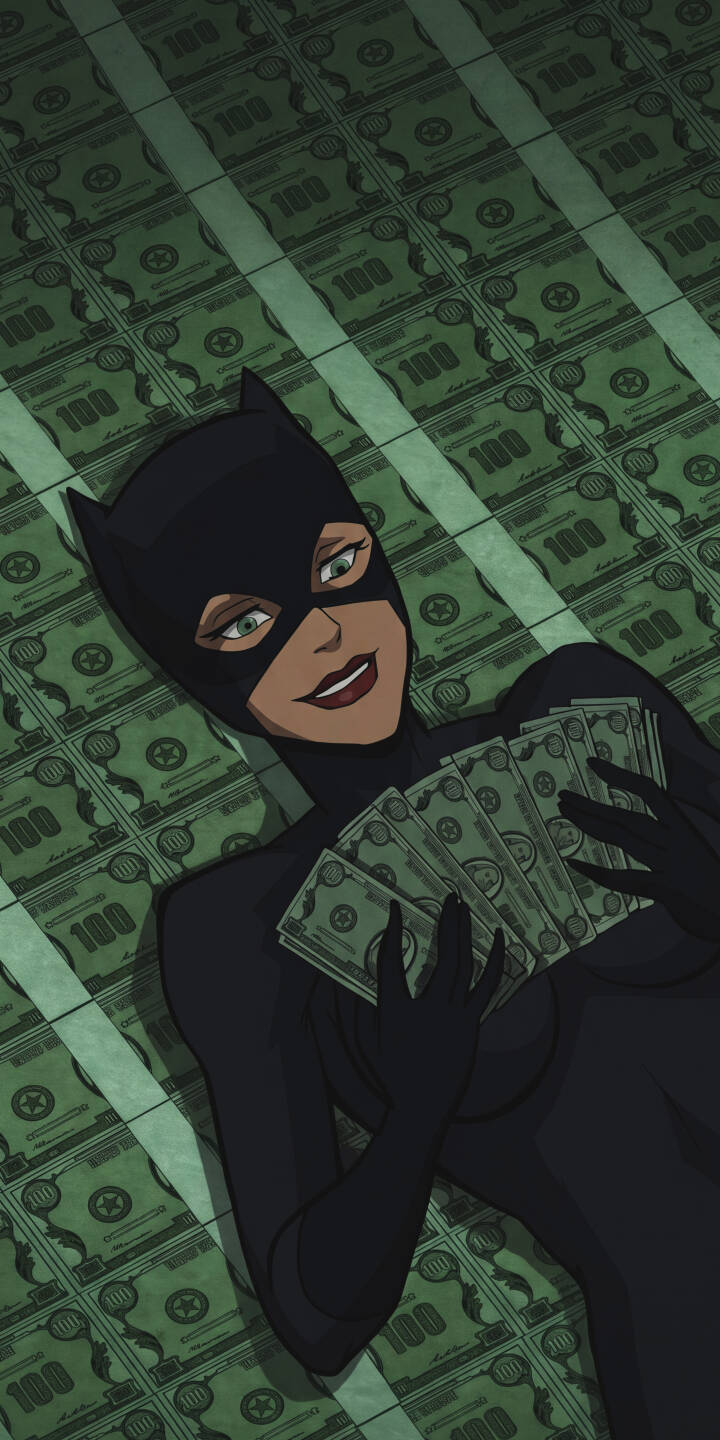 A confident, sly smile plays on Catwoman's lips as she playfully fans herself with a wad of hundred-dollar bills, lying on a bed of cash in this stunning 4K wallpaper — a perfect vibrant wallpaper for iPhone users. | money iphone villain wallpaper catwoman mobile comic art 4k wallpaper hd wallpaper mischievous dc comics selina kyle A confident, sly smile plays on Catwoman's lips as she playfully fans herself with a wad of hundred-dollar bills, lying on a bed of cash in this stunning 4K wallpaper — a perfect vibrant wallpaper for iPhone users.