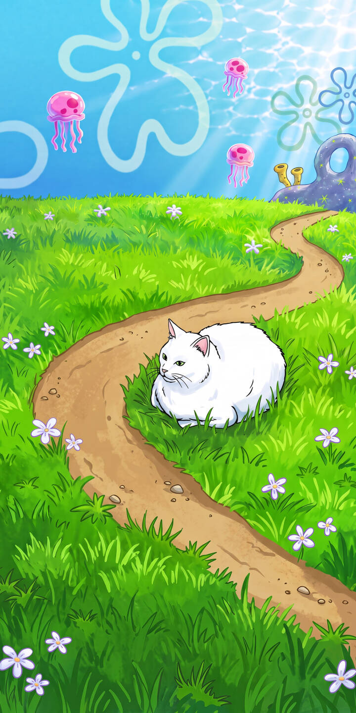 A fluffy white cat rests peacefully on a winding grassy path, surrounded by small purple flowers, while pink jellyfish float in the surreal, vibrant blue background — a whimsical 4K wallpaper for iPhone, perfect as a cheerful mobile wallpaper. | cartoon aesthetic cat cute iphone fantasy wallpaper mobile white cat 4k wallpaper hd wallpaper jellyfish A fluffy white cat rests peacefully on a winding grassy path, surrounded by small purple flowers, while pink jellyfish float in the surreal, vibrant blue background — a whimsical 4K wallpaper for iPhone, perfect as a cheerful mobile wallpaper.