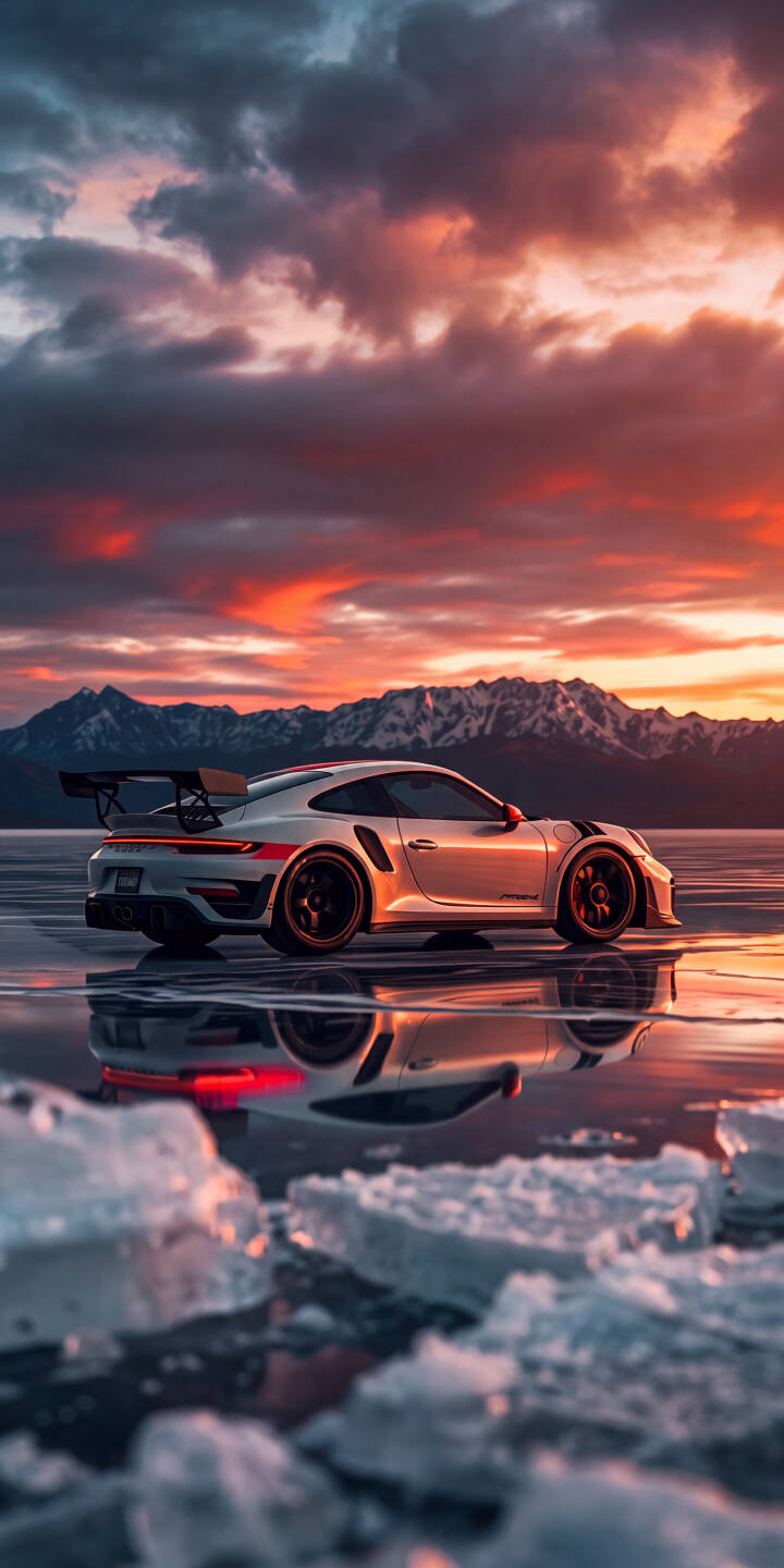 A gleaming Porsche 911 GT3 RS is breathtakingly poised on an icy surface, its sleek form illuminated by the intense orange and purple glow of a dramatic sunset sky, all perfectly reflected below in this stunning 4K wallpaper. This visually rich automotive scene with distant snow-capped mountains provides an epic aesthetic, making it an ideal wallpaper for iPhone and mobile device enthusiasts. | sunset sports car reflection iphone porsche wallpaper mobile 4k wallpaper hd wallpaper automotive winter scene 911 gt3 rs A gleaming Porsche 911 GT3 RS is breathtakingly poised on an icy surface, its sleek form illuminated by the intense orange and purple glow of a dramatic sunset sky, all perfectly reflected below in this stunning 4K wallpaper. This visually rich automotive scene with distant snow-capped mountains provides an epic aesthetic, making it an ideal wallpaper for iPhone and mobile device enthusiasts.