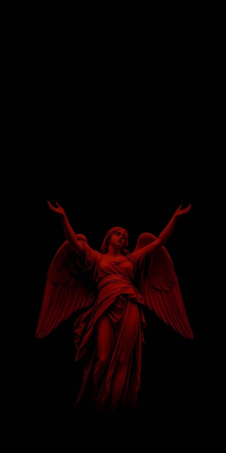 Deep crimson tones highlight the majestic, winged angel statue with outstretched arms against a stark black void in this dramatic 4K wallpaper. This stunning and ethereal wallpaper is perfect for personalizing your iPhone with a touch of gothic beauty. | art Deep crimson tones highlight the majestic, winged angel statue with outstretched arms against a stark black void in this dramatic 4K wallpaper. This stunning and ethereal wallpaper is perfect for personalizing your iPhone with a touch of gothic beauty.