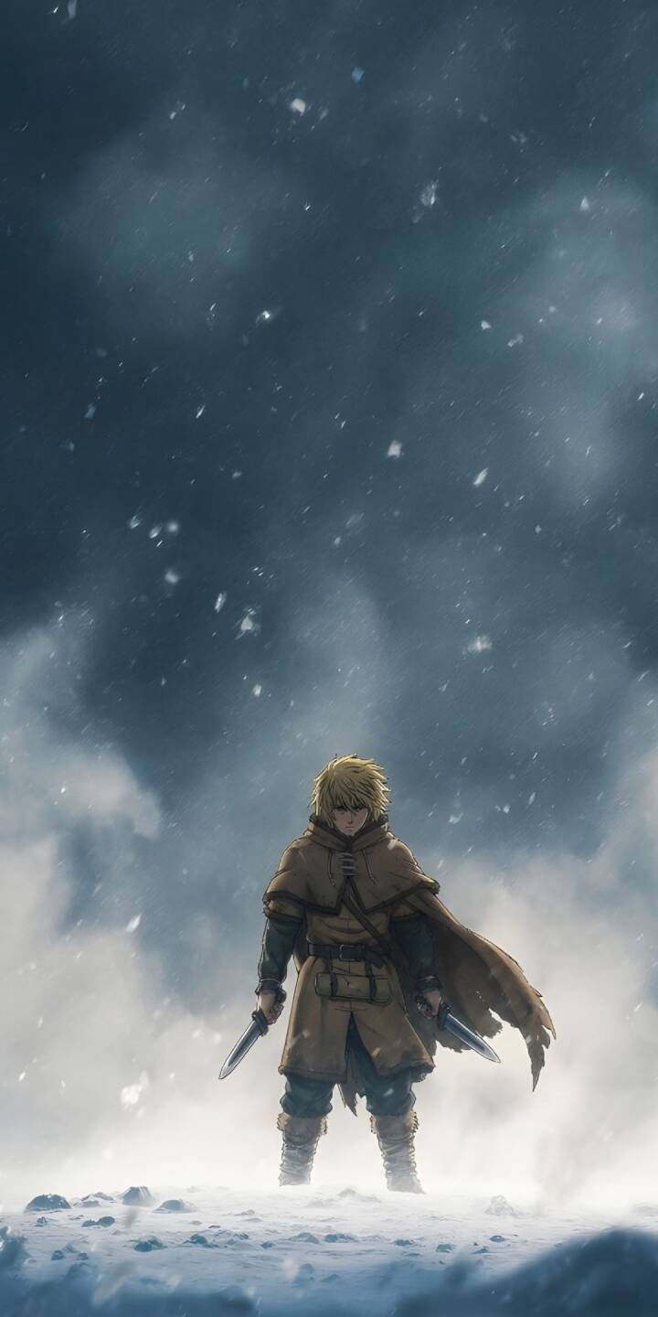 Snow falls gently around Thorfinn, who stands resolute in his travel-worn cloak, gripping two daggers in this striking 4K wallpaper; it's a must-have mobile wallpaper for iPhone, capturing the protagonist's grim determination amidst the harsh winter landscape. | cartoon Snow falls gently around Thorfinn, who stands resolute in his travel-worn cloak, gripping two daggers in this striking 4K wallpaper; it's a must-have mobile wallpaper for iPhone, capturing the protagonist's grim determination amidst the harsh winter landscape.