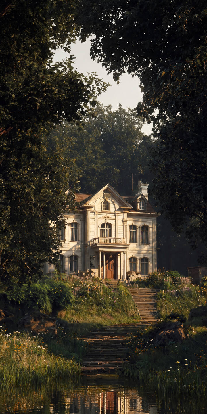 The warm glow of the setting sun bathes the stately white manor house, reflecting perfectly in the serene water in the foreground in this breathtaking 4K wallpaper. This idyllic scene makes a perfect tranquil wallpaper for your iPhone. | aesthetic house iphone nature wallpaper garden mobile 4k wallpaper hd wallpaper countryside serene mansion The warm glow of the setting sun bathes the stately white manor house, reflecting perfectly in the serene water in the foreground in this breathtaking 4K wallpaper. This idyllic scene makes a perfect tranquil wallpaper for your iPhone.