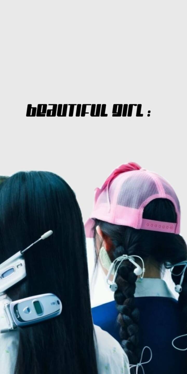 The bold, inverted text "BEAUTIFUL GIRL :" dominates the top of this artistic 4K wallpaper, featuring two stylized girls; one with flip phones in her dark hair and another sporting a pink cap and classic wired earbuds, creating a unique wallpaper for iPhone. | artist The bold, inverted text "BEAUTIFUL GIRL :" dominates the top of this artistic 4K wallpaper, featuring two stylized girls; one with flip phones in her dark hair and another sporting a pink cap and classic wired earbuds, creating a unique wallpaper for iPhone.