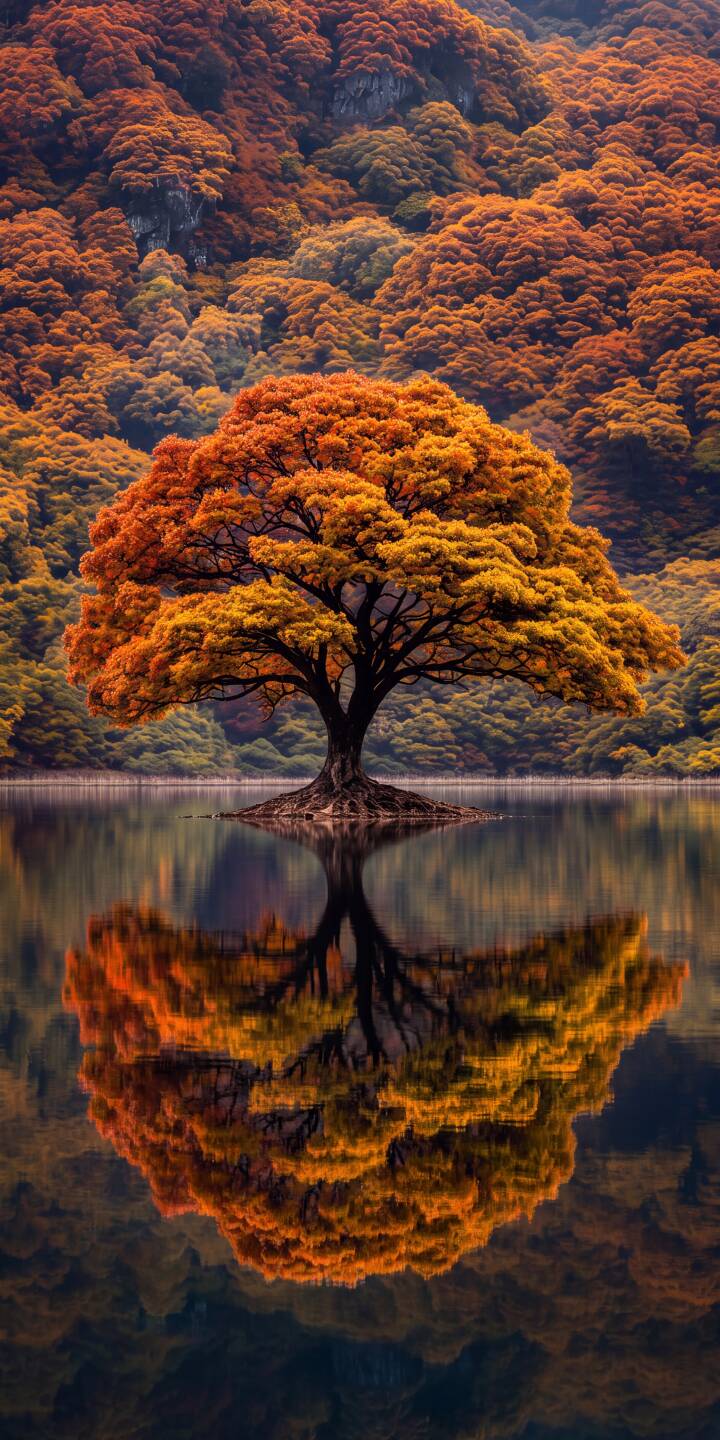 A lone autumn tree with vivid orange foliage casts a perfect reflection across the still, serene water in this breathtaking 4K wallpaper, making it an ideal nature wallpaper for iPhone. | landscape tree reflection iphone nature autumn wallpaper mobile 4k wallpaper hd wallpaper fall colors A lone autumn tree with vivid orange foliage casts a perfect reflection across the still, serene water in this breathtaking 4K wallpaper, making it an ideal nature wallpaper for iPhone.