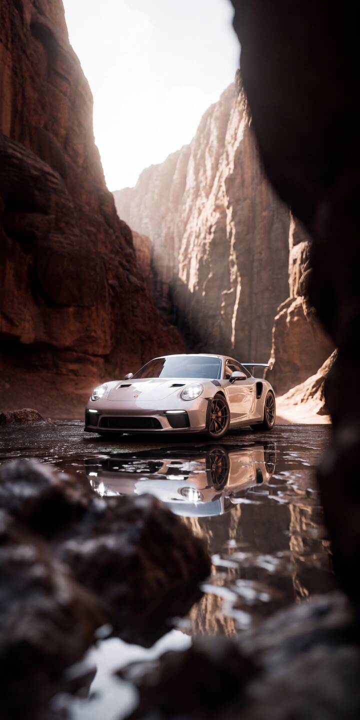 Vast red rock walls frame the sleek silver Porsche 911 GT3, perfectly reflecting in the water below, creating a stunning 4K wallpaper — a must-have wallpaper for iPhone enthusiasts. | sports car desert reflection iphone porsche gt3 canyon wallpaper mobile porsche 911 4k wallpaper hd wallpaper Vast red rock walls frame the sleek silver Porsche 911 GT3, perfectly reflecting in the water below, creating a stunning 4K wallpaper — a must-have wallpaper for iPhone enthusiasts.