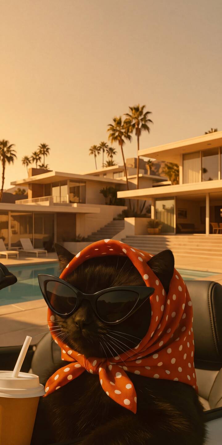 A black cat dons a vibrant red polka-dot headscarf and chic cat-eye sunglasses while enjoying a poolside villa view under golden hour light in this charming 4K wallpaper, making it a purr-fect iPhone wallpaper. | sunglasses cat headscarf iphone luxury stylish wallpaper black cat mobile 4k wallpaper hd wallpaper chic A black cat dons a vibrant red polka-dot headscarf and chic cat-eye sunglasses while enjoying a poolside villa view under golden hour light in this charming 4K wallpaper, making it a purr-fect iPhone wallpaper.