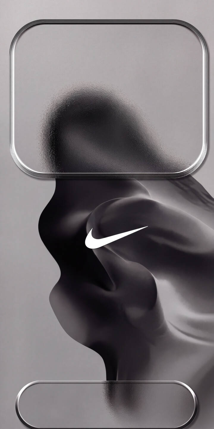Sleek, rounded chrome-like frames define the top and bottom of this minimalist 4K Nike wallpaper, elegantly contrasting with the dark, flowing abstract shapes and iconic white swoosh; this sophisticated wallpaper is perfect for personalizing your iPhone. | nike iphone grey glass abstract minimalist wallpaper mobile 4k wallpaper hd wallpaper dark aesthetic nike swoosh Sleek, rounded chrome-like frames define the top and bottom of this minimalist 4K Nike wallpaper, elegantly contrasting with the dark, flowing abstract shapes and iconic white swoosh; this sophisticated wallpaper is perfect for personalizing your iPhone.
