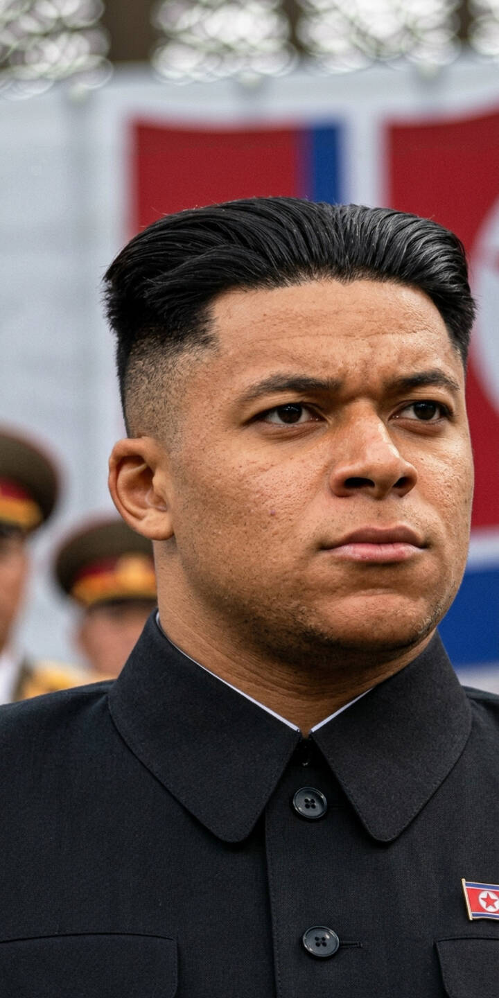Kylian Mbappé's stone-faced gaze, sharp fade haircut, and black North Korean-style uniform create an arresting visual in this thought-provoking 4K wallpaper. Displaying a distinctive national flag pin, this unique wallpaper is perfect for any iPhone. | uniform iphone mbappe wallpaper mobile 4k wallpaper hd wallpaper north korea political satire kylian mbappe Kylian Mbappé's stone-faced gaze, sharp fade haircut, and black North Korean-style uniform create an arresting visual in this thought-provoking 4K wallpaper. Displaying a distinctive national flag pin, this unique wallpaper is perfect for any iPhone.