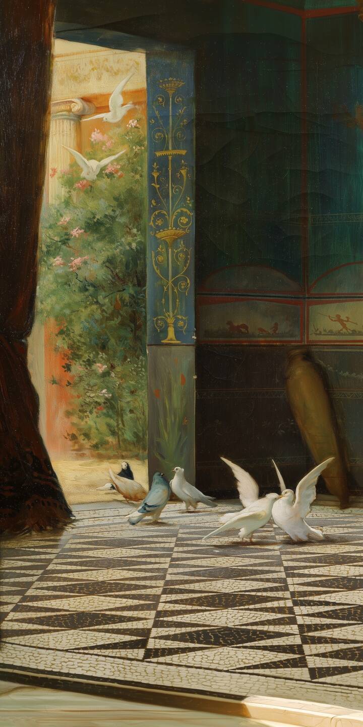 A flock of pristine white doves congregates on a stunning geometric mosaic floor, contrasting with an ornate blue pillar and a vibrant garden visible through a doorway. This beautiful ancient scene makes for a unique 4K wallpaper for iPhone. | iphone wallpaper mobile 4k wallpaper hd wallpaper roman art classical painting doves pigeons pompeii mosaic floor ancient garden A flock of pristine white doves congregates on a stunning geometric mosaic floor, contrasting with an ornate blue pillar and a vibrant garden visible through a doorway. This beautiful ancient scene makes for a unique 4K wallpaper for iPhone.