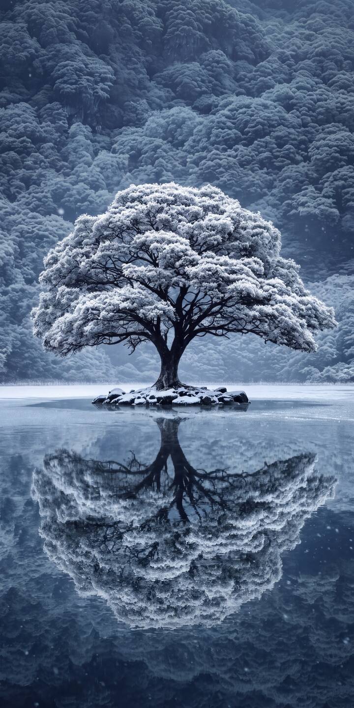 A solitary tree, heavily laden with glistening snow, stands majestically on a small island, casting a perfectly mirrored reflection onto the calm water in this breathtaking 4K wallpaper. This serene winter landscape wallpaper, featuring a vast expanse of snow-covered hills under a soft blue sky, is an ideal aesthetic choice for your iPhone. | landscape snow reflection iphone nature minimalist wallpaper mobile 4k wallpaper hd wallpaper serene winter tree A solitary tree, heavily laden with glistening snow, stands majestically on a small island, casting a perfectly mirrored reflection onto the calm water in this breathtaking 4K wallpaper. This serene winter landscape wallpaper, featuring a vast expanse of snow-covered hills under a soft blue sky, is an ideal aesthetic choice for your iPhone.