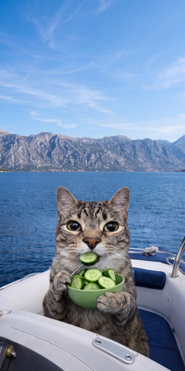 A charming tabby cat enjoys a cucumber snack from a small green bowl while cruising on a boat with a stunning mountainous ocean backdrop in this delightful 4K wallpaper â a perfect mobile wallpaper for iPhone users. | funny boat cat cute iphone ocean wallpaper mobile 4k wallpaper hd wallpaper tabby cat cucumber A charming tabby cat enjoys a cucumber snack from a small green bowl while cruising on a boat with a stunning mountainous ocean backdrop in this delightful 4K wallpaper â a perfect mobile wallpaper for iPhone users.