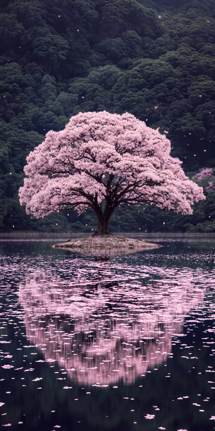 Floating pink petals dance across the dark water, mirroring a majestic cherry blossom tree that stands on a tiny island, creating a serene 4K wallpaper perfect for iPhone. This breathtaking nature wallpaper captures the tranquil beauty of spring, with lush green hills in the background completing the picturesque scene. | aesthetic cherry blossom reflection spring iphone nature wallpaper sakura mobile 4k wallpaper hd wallpaper pink tree Floating pink petals dance across the dark water, mirroring a majestic cherry blossom tree that stands on a tiny island, creating a serene 4K wallpaper perfect for iPhone. This breathtaking nature wallpaper captures the tranquil beauty of spring, with lush green hills in the background completing the picturesque scene.