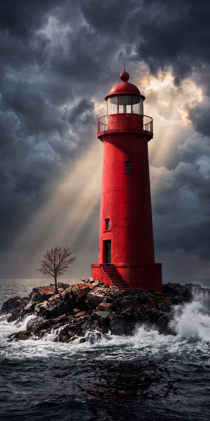 Dramatic rays of light slice through turbulent stormy clouds, brilliantly highlighting a vibrant red lighthouse standing resilient on a rugged rock island. This breathtaking 4K wallpaper captures the wild beauty of the sea and serves as an exceptional phone wallpaper for iPhone. | landscape iphone wallpaper mobile 4k wallpaper hd wallpaper ocean waves coastal stormy sea dramatic red lighthouse beacon Dramatic rays of light slice through turbulent stormy clouds, brilliantly highlighting a vibrant red lighthouse standing resilient on a rugged rock island. This breathtaking 4K wallpaper captures the wild beauty of the sea and serves as an exceptional phone wallpaper for iPhone.