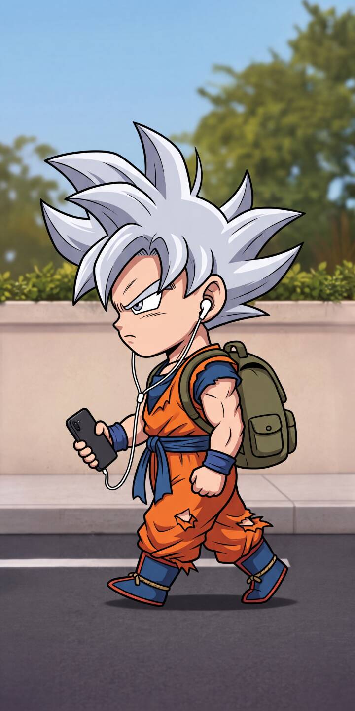 Chibi Goku, with his iconic Ultra Instinct silver hair, casually strolls while engrossed in his phone and wearing earphones in this charming 4K wallpaper. This delightful wallpaper, showcasing a modern take on the powerful Saiyan, is perfect for any iPhone to personalize your device. | cartoon phone anime iphone goku wallpaper chibi mobile walking 4k wallpaper hd wallpaper ultra instinct Chibi Goku, with his iconic Ultra Instinct silver hair, casually strolls while engrossed in his phone and wearing earphones in this charming 4K wallpaper. This delightful wallpaper, showcasing a modern take on the powerful Saiyan, is perfect for any iPhone to personalize your device.