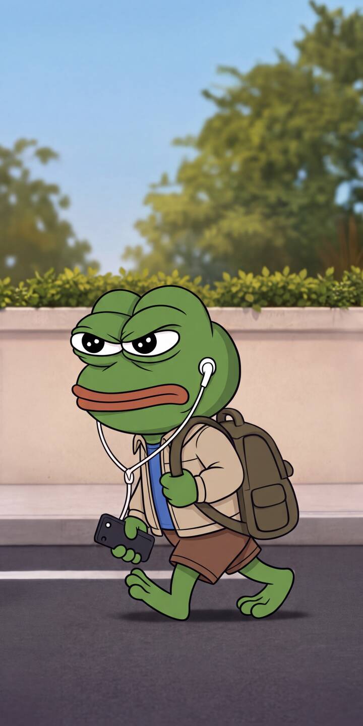 Pepe's familiar grumpy expression is perfectly captured as he walks with earphones and a backpack in this striking 4K wallpaper, holding a phone in his hand. This engaging wallpaper is ideal for personalizing your iPhone with a touch of meme culture. | cartoon aesthetic iphone wallpaper pepe mobile 4k wallpaper hd wallpaper pepe the frog grumpy frog meme commute Pepe's familiar grumpy expression is perfectly captured as he walks with earphones and a backpack in this striking 4K wallpaper, holding a phone in his hand. This engaging wallpaper is ideal for personalizing your iPhone with a touch of meme culture.