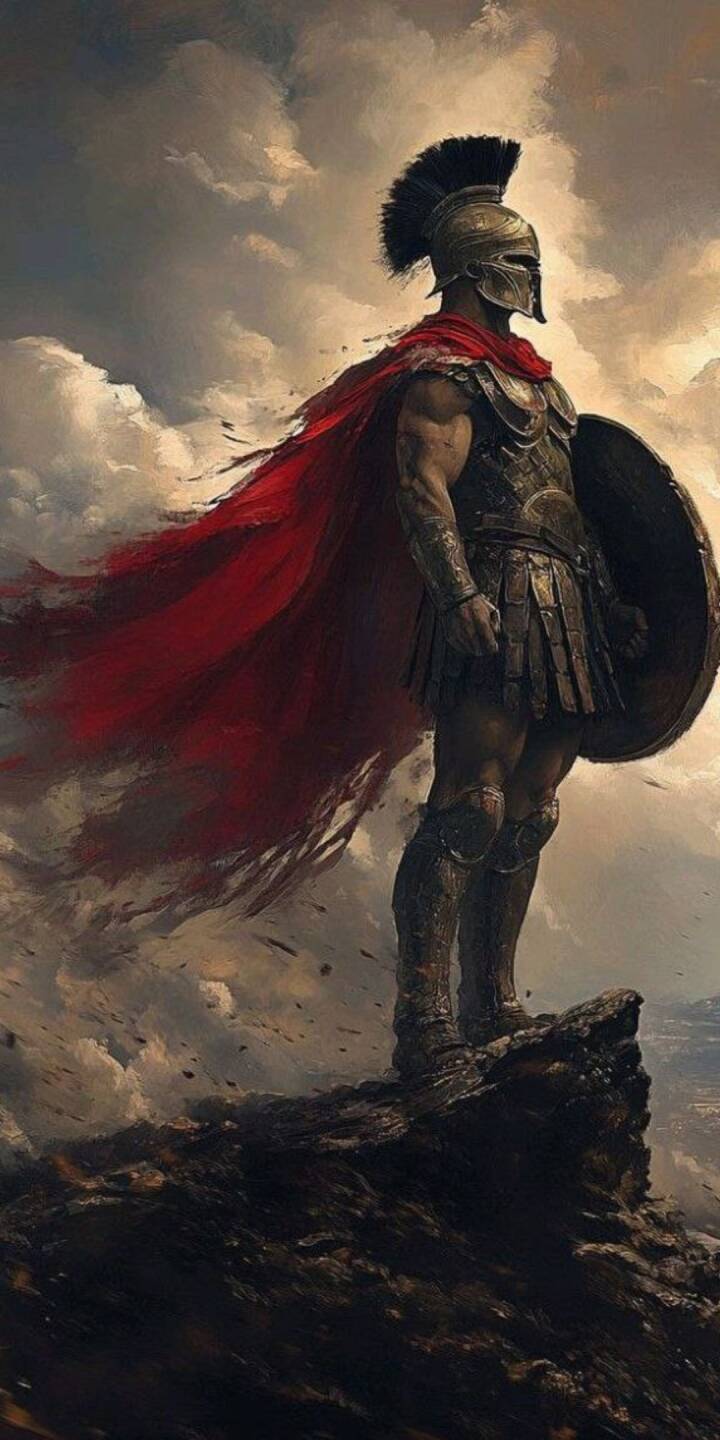 A majestic red cape billows behind a stoic Spartan warrior, clad in gleaming armor, as he stands sentinel upon a rugged cliff under a dramatic, cloudy sky in this stunning 4K wallpaper — an epic wallpaper for iPhone users. | jesus A majestic red cape billows behind a stoic Spartan warrior, clad in gleaming armor, as he stands sentinel upon a rugged cliff under a dramatic, cloudy sky in this stunning 4K wallpaper — an epic wallpaper for iPhone users.