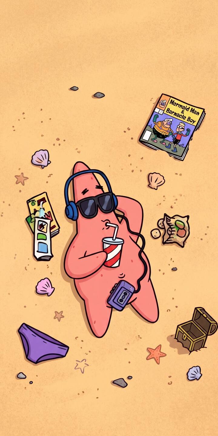 Patrick Star relaxes on a sunny sandy beach, sporting cool sunglasses and blue headphones while sipping a drink in this delightful 4K wallpaper. This charming wallpaper is perfect for iPhone users seeking a fun, laid-back vibe. | cartoon spongebob beach iphone wallpaper chill relaxing patrick star mobile spongebob squarepants 4k wallpaper hd wallpaper Patrick Star relaxes on a sunny sandy beach, sporting cool sunglasses and blue headphones while sipping a drink in this delightful 4K wallpaper. This charming wallpaper is perfect for iPhone users seeking a fun, laid-back vibe.