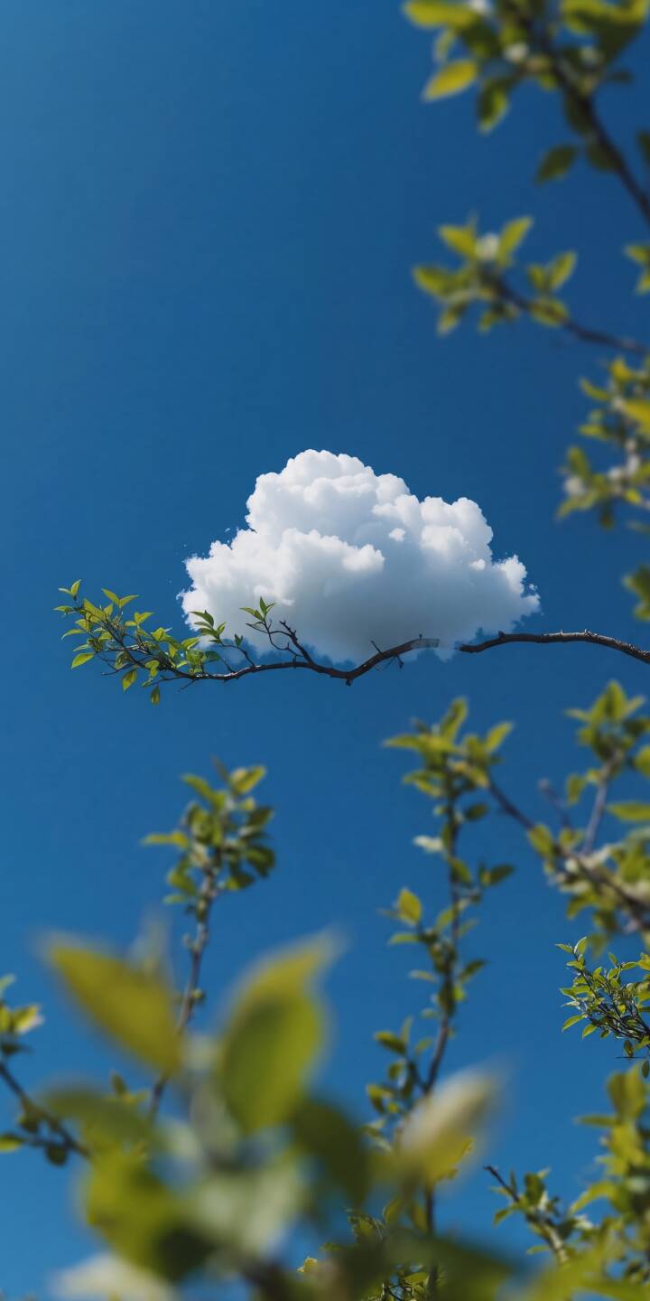 A single fluffy white cloud elegantly rests on a delicate tree branch against a vibrant blue sky in this stunning 4K wallpaper — a perfect serene wallpaper for iPhone screens. | aesthetic blue sky cloud iphone nature minimalist wallpaper mobile 4k wallpaper hd wallpaper tree branch A single fluffy white cloud elegantly rests on a delicate tree branch against a vibrant blue sky in this stunning 4K wallpaper — a perfect serene wallpaper for iPhone screens.