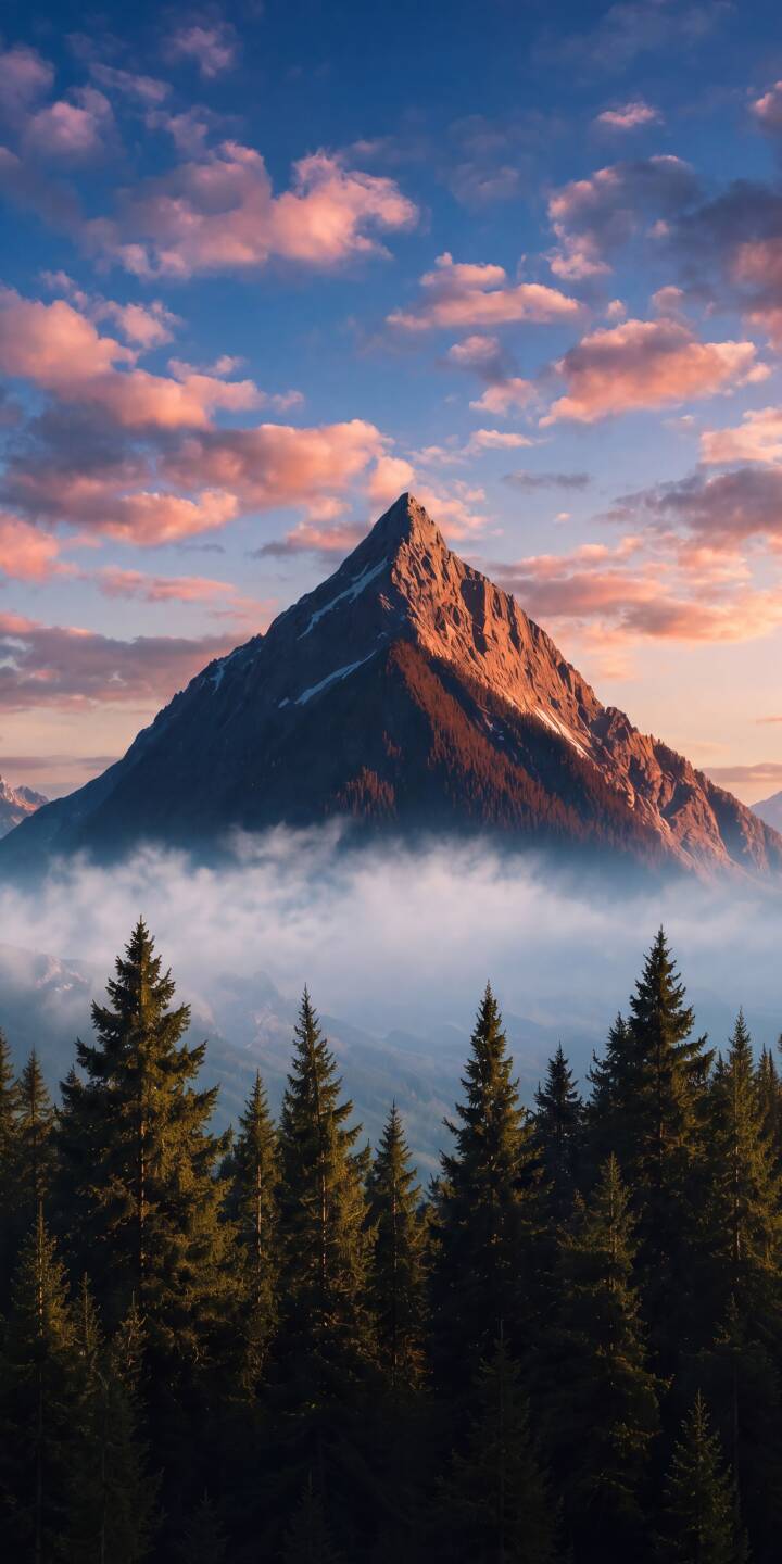 Vibrant pink and orange clouds drift across the blue sky above a majestic, sun-kissed mountain peak, its base shrouded in ethereal mist, creating a breathtaking 4K wallpaper for iPhone. This stunning landscape wallpaper captures the serene beauty of an alpine sunset. | landscape sunset mountain iphone nature clouds wallpaper mobile pine trees 4k wallpaper hd wallpaper serene Vibrant pink and orange clouds drift across the blue sky above a majestic, sun-kissed mountain peak, its base shrouded in ethereal mist, creating a breathtaking 4K wallpaper for iPhone. This stunning landscape wallpaper captures the serene beauty of an alpine sunset.