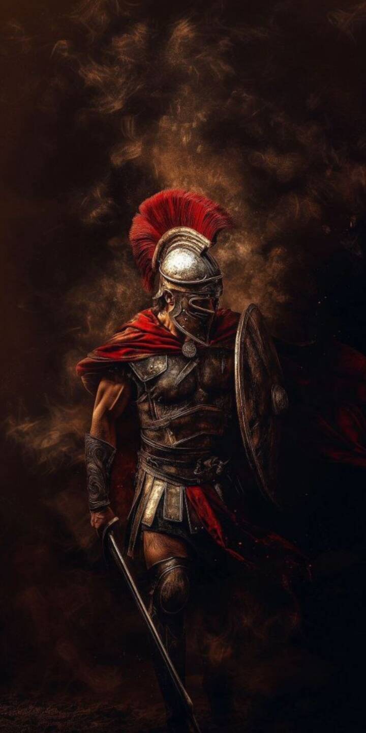 A magnificent red-plumed helmet crowns a battle-ready Spartan warrior, his gleaming armor and flowing cape poised against a dark, smoky backdrop in this epic 4K wallpaper; an unyielding and powerful wallpaper perfect for your iPhone. | jesus A magnificent red-plumed helmet crowns a battle-ready Spartan warrior, his gleaming armor and flowing cape poised against a dark, smoky backdrop in this epic 4K wallpaper; an unyielding and powerful wallpaper perfect for your iPhone.