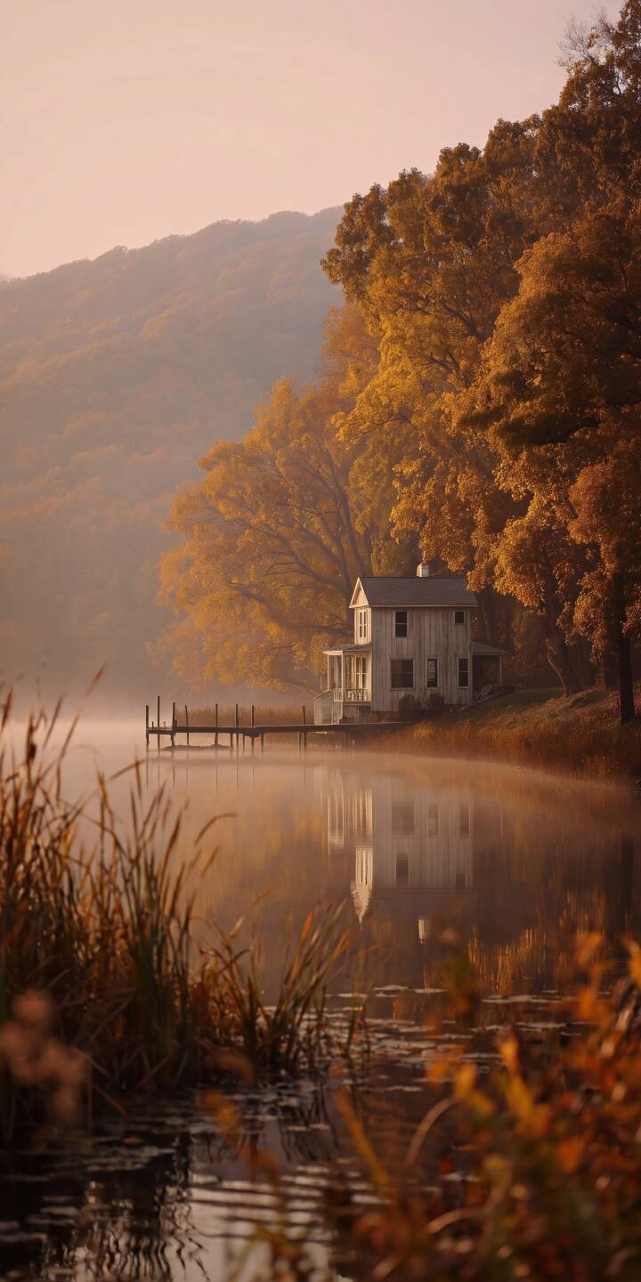 Misty waters perfectly reflect a quaint lakeside house, nestled amidst vibrant golden autumn trees, creating a serene 4K wallpaper for iPhone. This tranquil scene is an ideal nature wallpaper for a cozy device screen. | landscape reflection iphone nature autumn cozy wallpaper mobile 4k wallpaper hd wallpaper misty lake house Misty waters perfectly reflect a quaint lakeside house, nestled amidst vibrant golden autumn trees, creating a serene 4K wallpaper for iPhone. This tranquil scene is an ideal nature wallpaper for a cozy device screen.