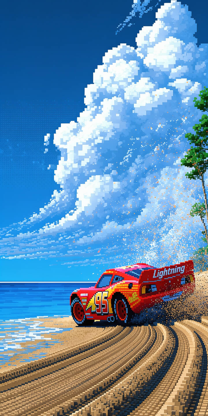 Lightning McQueen drifts across a golden sandy beach, kicking up pixelated sand in this vibrant 4K wallpaper. The iconic red race car shines under a clear blue sky, making it a dynamic wallpaper for iPhone users. | disney pixar beach iphone wallpaper cars animation mobile pixel art 4k wallpaper hd wallpaper lightning mcqueen Lightning McQueen drifts across a golden sandy beach, kicking up pixelated sand in this vibrant 4K wallpaper. The iconic red race car shines under a clear blue sky, making it a dynamic wallpaper for iPhone users.