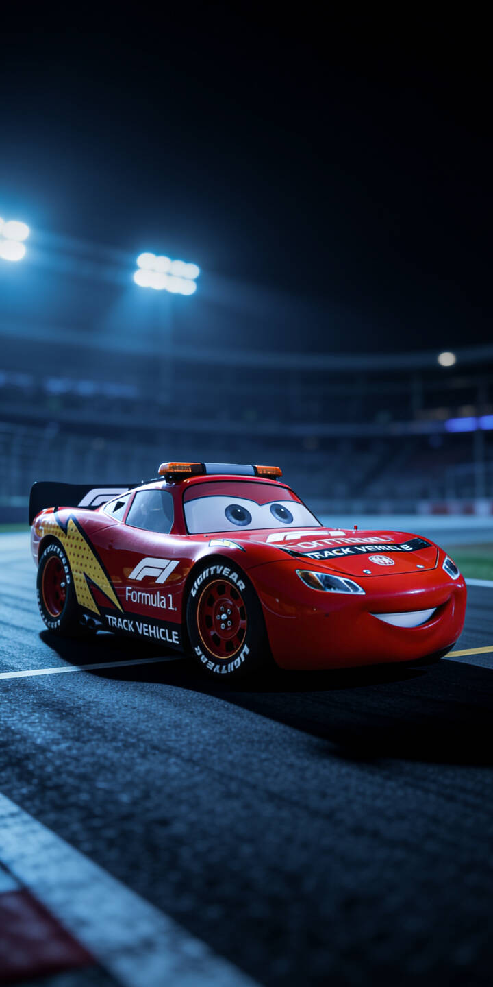 Lightning McQueen, transformed into a sleek Formula 1 track vehicle, sports an amber light bar and a wide smile on the dark asphalt in this stunning 4K wallpaper. This dynamic Cars movie wallpaper is perfect for your iPhone, showcasing the iconic character under bright stadium lights. | race car iphone mcqueen wallpaper cars movie formula 1 mobile 4k wallpaper hd wallpaper lightning mcqueen disney pixar night track Lightning McQueen, transformed into a sleek Formula 1 track vehicle, sports an amber light bar and a wide smile on the dark asphalt in this stunning 4K wallpaper. This dynamic Cars movie wallpaper is perfect for your iPhone, showcasing the iconic character under bright stadium lights.