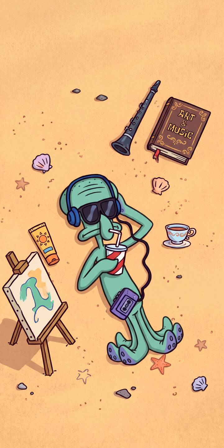 Sporting cool sunglasses and headphones, Squidward Tentacles relaxes leisurely on a sandy beach surrounded by his artistic endeavors like an easel, book, and clarinet in this vibrant 4K wallpaper. This calming and colorful wallpaper is a perfect fit for your iPhone. | cartoon spongebob beach iphone wallpaper chill relaxing mobile 4k wallpaper hd wallpaper squidward tentacles art music Sporting cool sunglasses and headphones, Squidward Tentacles relaxes leisurely on a sandy beach surrounded by his artistic endeavors like an easel, book, and clarinet in this vibrant 4K wallpaper. This calming and colorful wallpaper is a perfect fit for your iPhone.