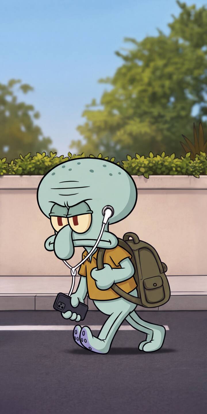 Squidward's iconic grumpy expression is perfectly captured as he strolls along with headphones in, clutching his phone in this vibrant 4K wallpaper. Complete with his familiar backpack, this mobile wallpaper for iPhone is an essential for any fan seeking a relatable Spongebob aesthetic. | cartoon aesthetic spongebob squidward iphone wallpaper mobile walking 4k wallpaper hd wallpaper grumpy squidward tentacles Squidward's iconic grumpy expression is perfectly captured as he strolls along with headphones in, clutching his phone in this vibrant 4K wallpaper. Complete with his familiar backpack, this mobile wallpaper for iPhone is an essential for any fan seeking a relatable Spongebob aesthetic.