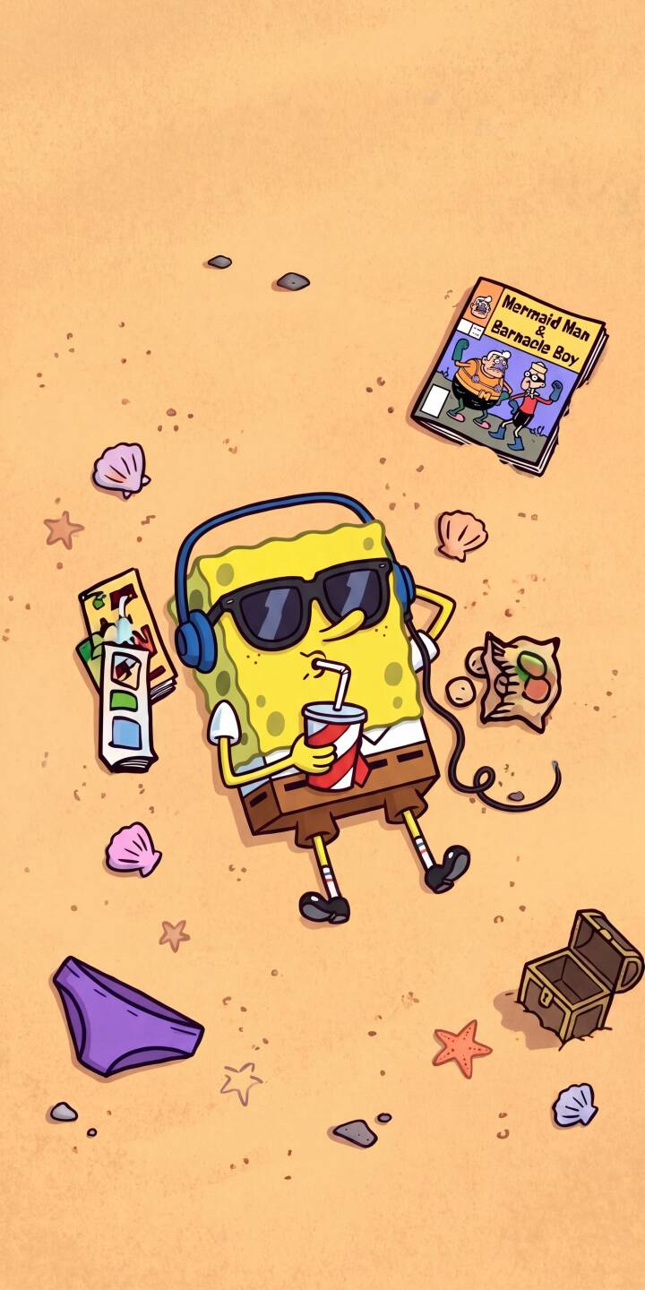 Cool sunglasses and headphones define SpongeBob's ultimate beach relaxation as he sips a drink on the sand amidst a Mermaid Man comic and scattered seashells, making for a perfectly chill 4K wallpaper. This delightful summer-themed wallpaper is ideal for iPhone users wanting a carefree vibe. | spongebob beach summer iphone wallpaper chill relaxing mobile spongebob squarepants 4k wallpaper hd wallpaper nickelodeon Cool sunglasses and headphones define SpongeBob's ultimate beach relaxation as he sips a drink on the sand amidst a Mermaid Man comic and scattered seashells, making for a perfectly chill 4K wallpaper. This delightful summer-themed wallpaper is ideal for iPhone users wanting a carefree vibe.