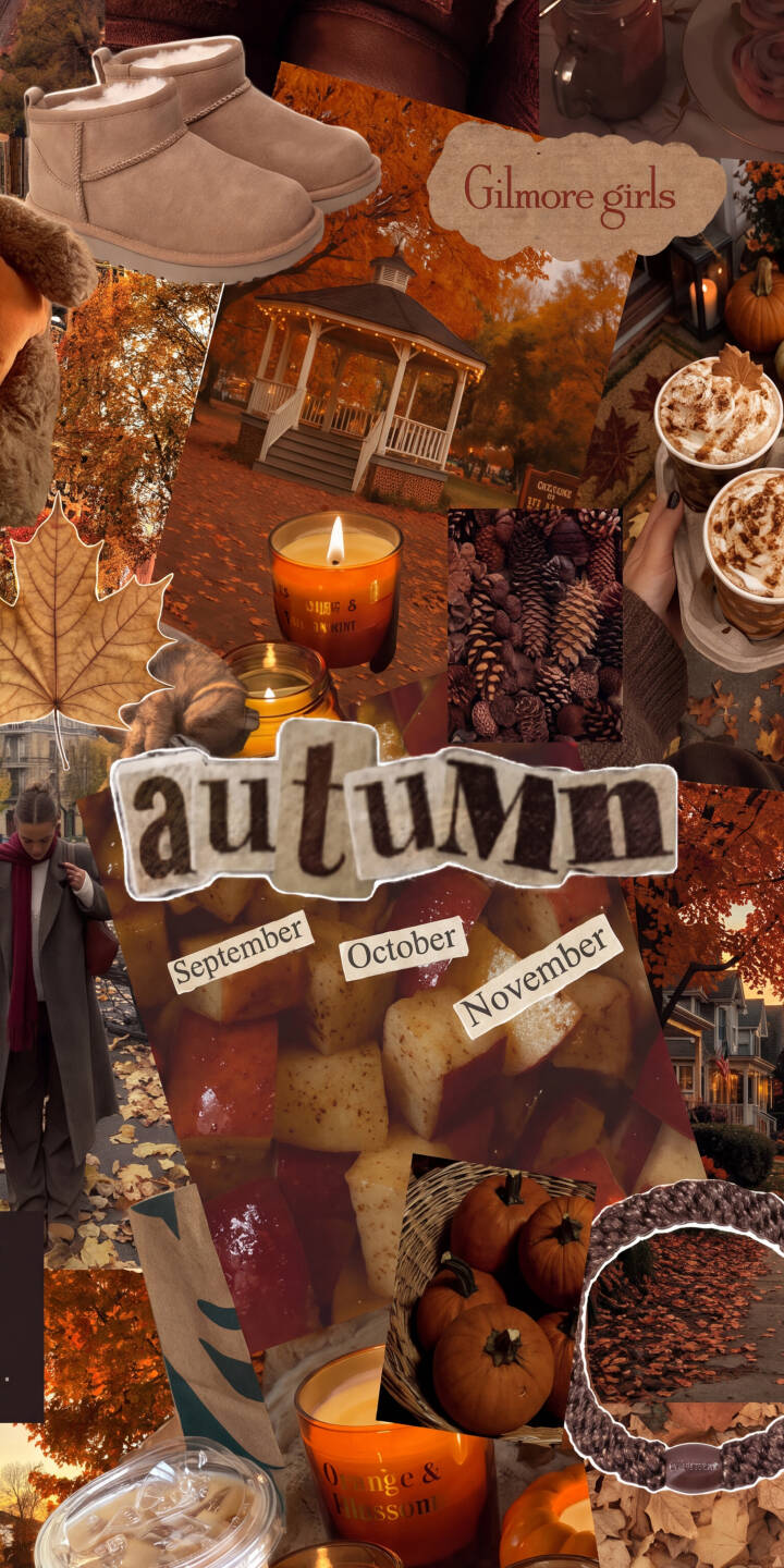 This heartwarming autumn collage wallpaper overflows with cozy elements like glowing candles, crisp fall leaves, and steaming pumpkin spice lattes, creating an inviting 4K visual. It's the perfect aesthetic wallpaper for your iPhone to celebrate the spirit of fall. | aesthetic fall iphone autumn cozy leaves wallpaper mobile 4k wallpaper hd wallpaper gilmore girls pumpkins This heartwarming autumn collage wallpaper overflows with cozy elements like glowing candles, crisp fall leaves, and steaming pumpkin spice lattes, creating an inviting 4K visual. It's the perfect aesthetic wallpaper for your iPhone to celebrate the spirit of fall.