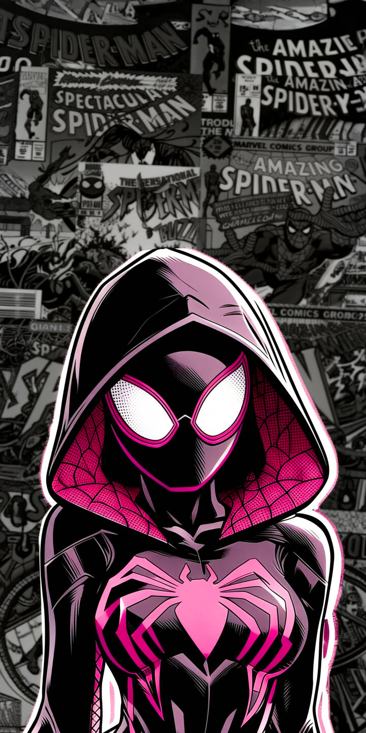 The vibrant pink web patterns and hoodie lining of Miles Morales's suit ignite against a backdrop of classic black and white comic book covers in this dynamic 4K wallpaper for iPhone. This iconic Spider-Verse wallpaper features bold outlines perfect for mobile displays. | iphone wallpaper mobile pink aesthetic comic art 4k wallpaper hd wallpaper gwen stacy spider-verse spider-gwen ghost-spider retro comics The vibrant pink web patterns and hoodie lining of Miles Morales's suit ignite against a backdrop of classic black and white comic book covers in this dynamic 4K wallpaper for iPhone. This iconic Spider-Verse wallpaper features bold outlines perfect for mobile displays.