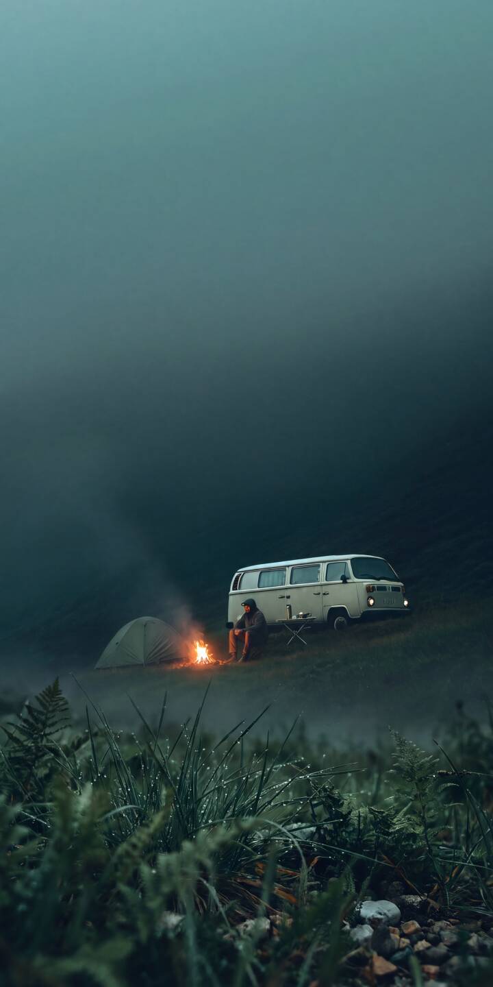 The serene glow of a campfire cuts through the damp, misty air as a lone camper rests beside a vintage van, creating an immersive 4K wallpaper perfect for iPhone. This evocative scene, with dew-kissed grass in the foreground, makes an ideal mobile wallpaper for fans of solitary adventures. | campfire iphone wallpaper camping mobile 4k wallpaper hd wallpaper misty atmospheric adventure camper van vanlife The serene glow of a campfire cuts through the damp, misty air as a lone camper rests beside a vintage van, creating an immersive 4K wallpaper perfect for iPhone. This evocative scene, with dew-kissed grass in the foreground, makes an ideal mobile wallpaper for fans of solitary adventures.