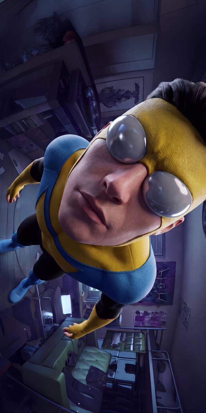 Invincible stares directly at the viewer as he floats through an inverted room, his iconic yellow and blue suit prominent in this striking 4K wallpaper. This dynamic wallpaper for iPhone captures Mark Grayson in a unique, gravity-defying pose perfect for your screen. | superhero comic book iphone wallpaper floating invincible mobile 4k wallpaper hd wallpaper animated series stylized mark grayson Invincible stares directly at the viewer as he floats through an inverted room, his iconic yellow and blue suit prominent in this striking 4K wallpaper. This dynamic wallpaper for iPhone captures Mark Grayson in a unique, gravity-defying pose perfect for your screen.