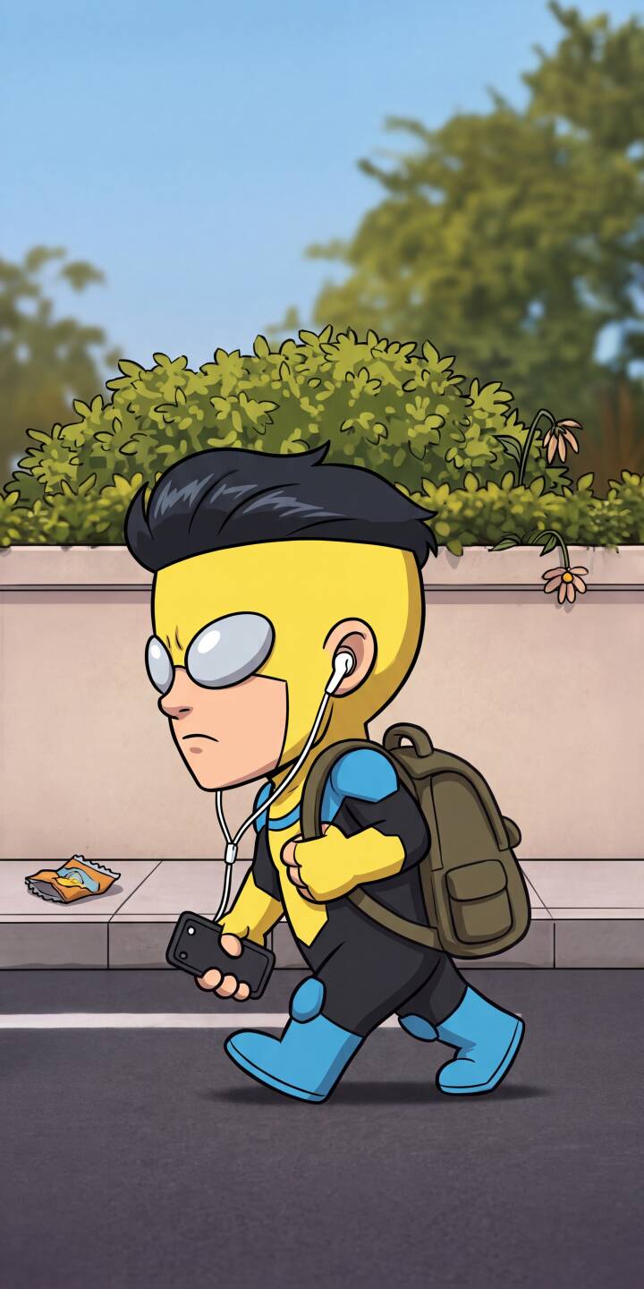 Invincible walks purposefully with his phone and earphones, sporting his iconic yellow and blue suit in this vibrant 4K wallpaper. This dynamic wallpaper is perfect for personalizing your iPhone. | cartoon superhero iphone wallpaper comic invincible chibi mobile walking 4k wallpaper hd wallpaper mark grayson Invincible walks purposefully with his phone and earphones, sporting his iconic yellow and blue suit in this vibrant 4K wallpaper. This dynamic wallpaper is perfect for personalizing your iPhone.