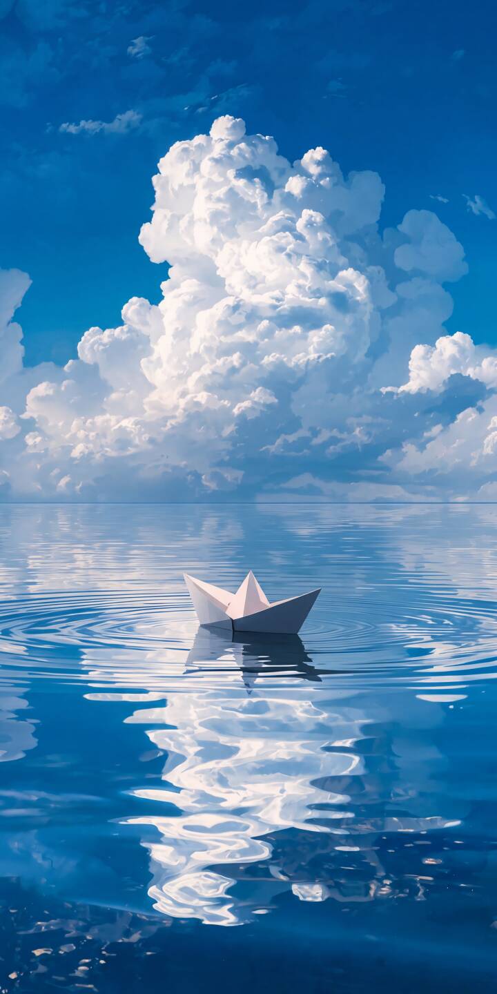 Massive, billowy white clouds dramatically reflect on the tranquil blue water surface, with a solitary paper boat gently floating amidst the subtle ripples, creating a serene mood in this captivating 4K wallpaper. This stunning wallpaper is an ideal choice for any iPhone display. | iphone clouds wallpaper mobile blue aesthetic 4k wallpaper hd wallpaper water reflection dreamy serene paper boat origami boat Massive, billowy white clouds dramatically reflect on the tranquil blue water surface, with a solitary paper boat gently floating amidst the subtle ripples, creating a serene mood in this captivating 4K wallpaper. This stunning wallpaper is an ideal choice for any iPhone display.