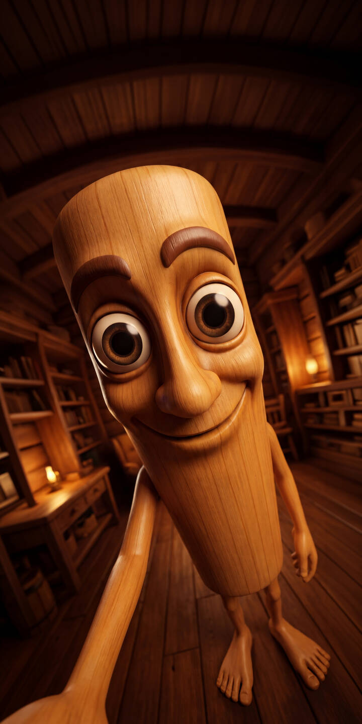 The wide-eyed wooden character beams a friendly smile, his textured body illuminated by warm lighting in this cozy 4K library wallpaper. This charming wallpaper for iPhone captures the unique perspective of being greeted by this peculiar figure among towering bookshelves. | cartoon selfie iphone cozy wallpaper mobile 4k wallpaper hd wallpaper library stick figure wooden character wood texture The wide-eyed wooden character beams a friendly smile, his textured body illuminated by warm lighting in this cozy 4K library wallpaper. This charming wallpaper for iPhone captures the unique perspective of being greeted by this peculiar figure among towering bookshelves.