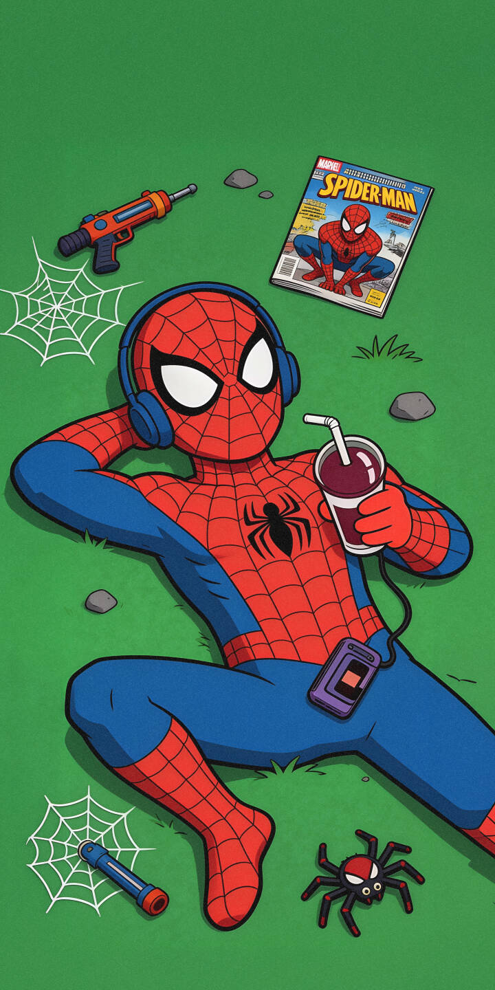 Blue headphones adorn a relaxed Spider-Man as he enjoys a drink and reads a comic on a grassy field in this vibrant 4K wallpaper — a perfect casual wallpaper for your iPhone. | cartoon superhero comic book marvel iphone wallpaper relaxing mobile headphones 4k wallpaper hd wallpaper spider-man Blue headphones adorn a relaxed Spider-Man as he enjoys a drink and reads a comic on a grassy field in this vibrant 4K wallpaper — a perfect casual wallpaper for your iPhone.