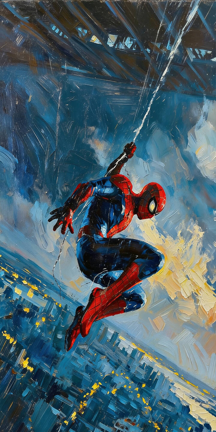 Striking impasto brushstrokes bring Spider-Man's dynamic web-slinging to life over a luminous city backdrop in this stunning 4K wallpaper, a must-have artistic wallpaper for iPhone users who love heroic art. | superhero marvel spiderman iphone wallpaper oil painting artistic mobile 4k wallpaper hd wallpaper spider-man cityscape Striking impasto brushstrokes bring Spider-Man's dynamic web-slinging to life over a luminous city backdrop in this stunning 4K wallpaper, a must-have artistic wallpaper for iPhone users who love heroic art.